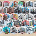 Aerial View Planning of Various Interior Rooms with Detailed Layout and Furniture