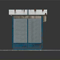 Blue Magazine Press Kiosk with Glass Display Windows and Stone Pavement