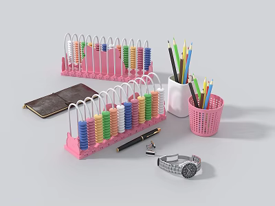 Pink Frame Abacus with Colorful Beads and Desk Items Including Pencils Notebook Pen and Watch 3d model