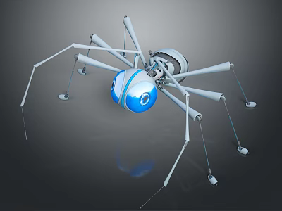 Futuristic Mechanical Spider Character Featuring Robotic Legs Blue Spherical Body And Blue Eyes 3d model