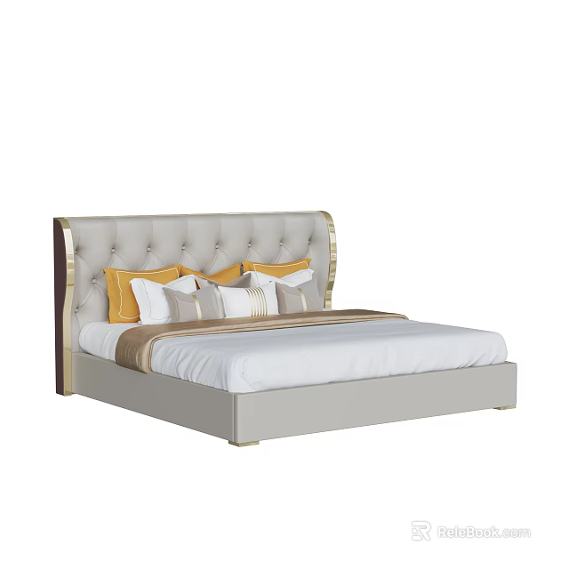 Modern Elegant Double Bed With Light Gray Upholstered Headboard And Yellow White Pillows 3d model