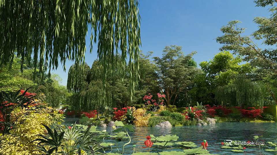Tranquil Garden Scene With Weeping Willows Lotus Pond Lush Trees And Colorful Flowers 3d model 
