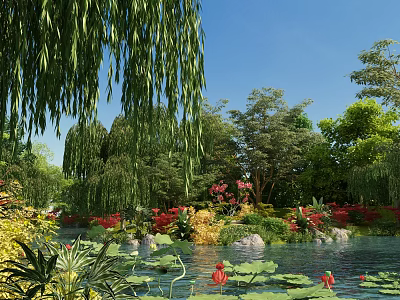Tranquil Garden Scene With Weeping Willows Lotus Pond Lush Trees And Colorful Flowers 3d model