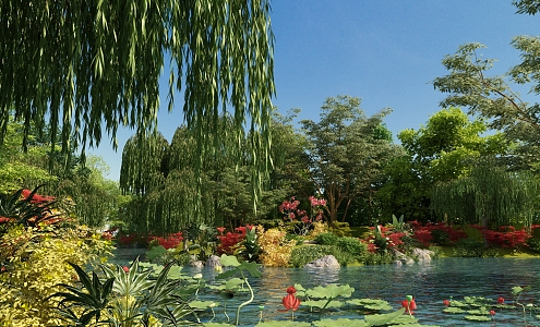 Outdoor Deep Forest Landscape Pond Lotus River Waterscape 3d model