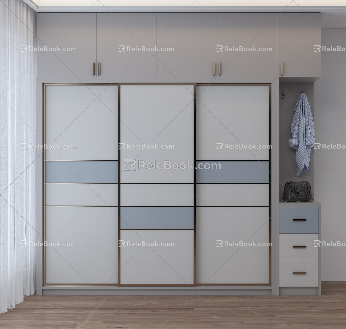 Modern Light Luxury Solid Wood sliding door Wardrobe Simple Bedroom Cabinet Combination Storage Cabinet 3d model