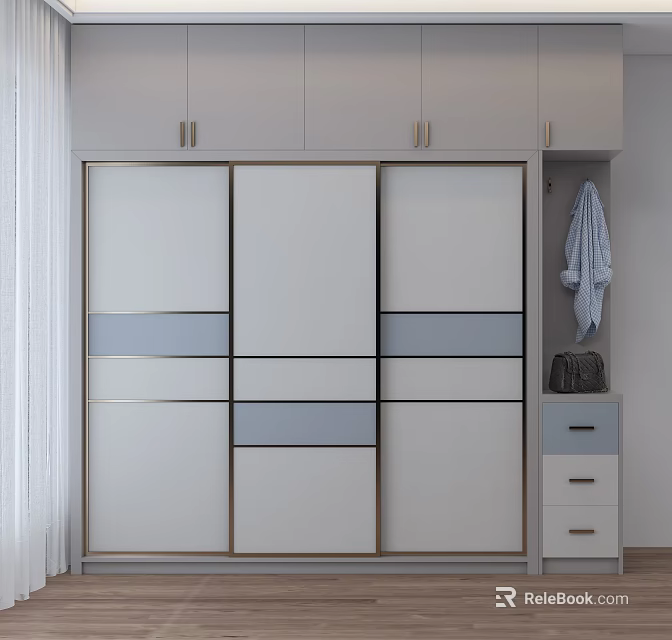 Modern Wardrobe Design With Sliding Doors White Grey Panels Metal Handles And Storage Drawers 3d model 