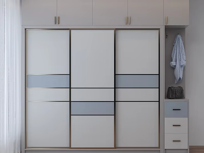 Modern Wardrobe Design With Sliding Doors White Grey Panels Metal Handles And Storage Drawers 3d model