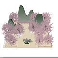 Pink Cherry Blossom Photo Spot With Mountain Shaped Backdrop And Decorative Trees