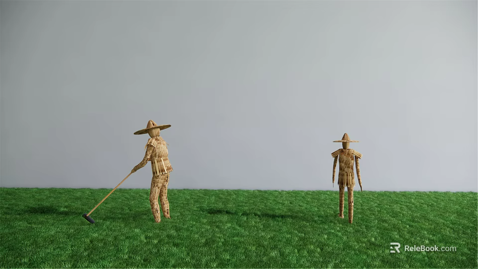 Agricultural Equipment Scene Featuring Straw Hat Figures Working With Hoe On Green Grass Field 3d model 