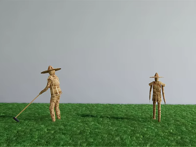 Agricultural Equipment Scene Featuring Straw Hat Figures Working With Hoe On Green Grass Field 3d model