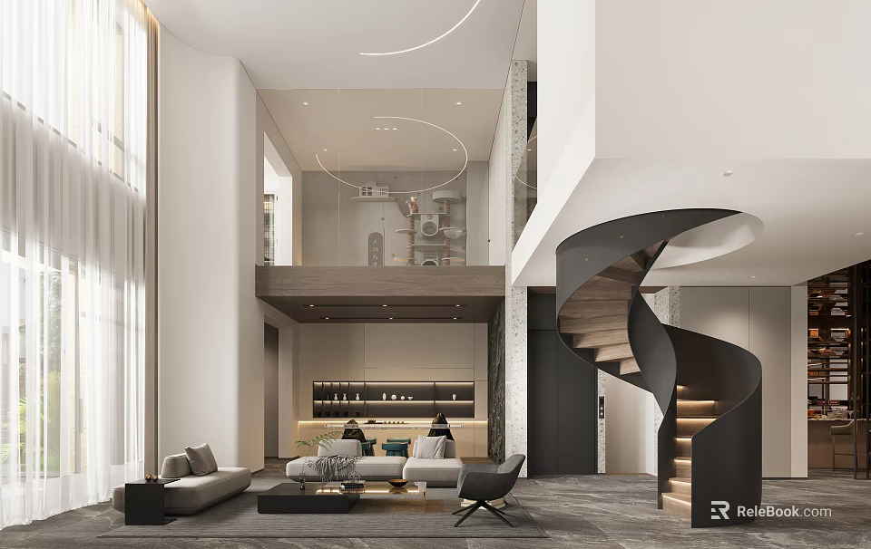 Modern Lounge Interior With Sofas Coffee Table And Spiral Staircase 3d model 