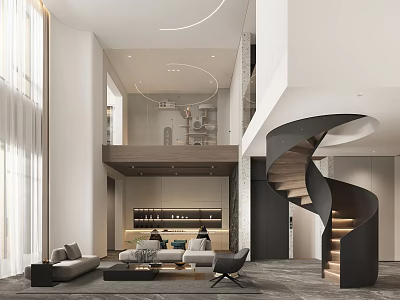 Modern Lounge Interior With Sofas Coffee Table And Spiral Staircase 3d model