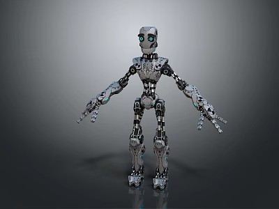 Detailed Mechanical Robot Character With Silver Body Articulated Joints And Blue Eyes 3d model