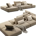 Modern Beige Sectional Sofa With Plush Cushions And Throw Blanket Interior Design 3d model