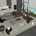 Modern Living Room Sofa And Coffee Table Set With Accent Chairs Plants And Large Windows