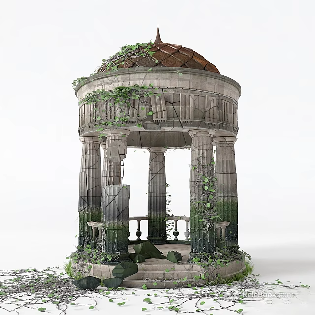 Vine Covered Stone Dome Structure With Tall Columns And Lush Greenery 3d model