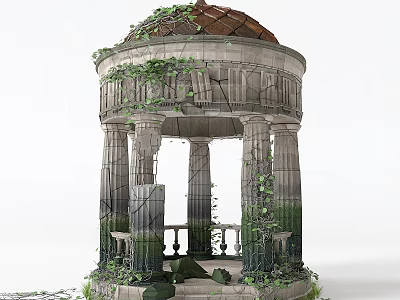 Vine Covered Stone Dome Structure With Tall Columns And Lush Greenery 3d model
