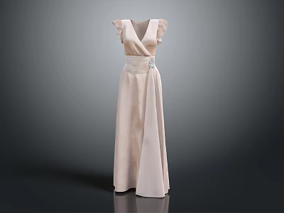 Elegant Light Pink Long Dress With V Neck Ruffle Sleeves And Waist Detail 3d model