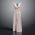Elegant Light Pink Long Dress With V Neck Ruffle Sleeves And Waist Detail