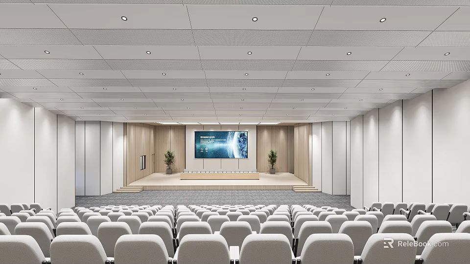 School Auditorium With White Chairs Stage Large Screen Wooden Walls And Green Plants 3d model 