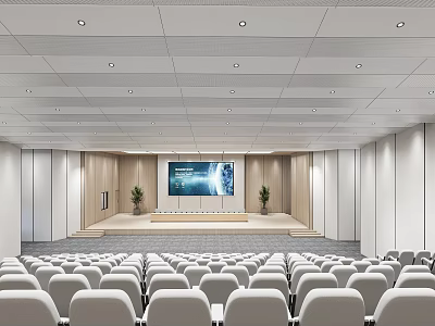 School Auditorium With White Chairs Stage Large Screen Wooden Walls And Green Plants 3d model