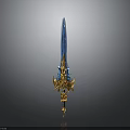 Ornate Blue And Gold Sword With Shiny Crystal Blade And Intricate Golden Hilt Design