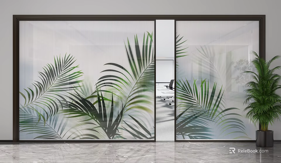 Modern Glass Partition With Tropical Palm Leaf Patterns For Interior Space 3d model