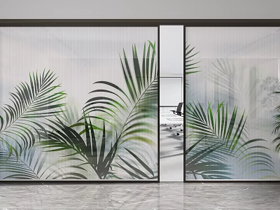 Modern Glass Partition With Tropical Palm Leaf Patterns For Interior Space 3d model