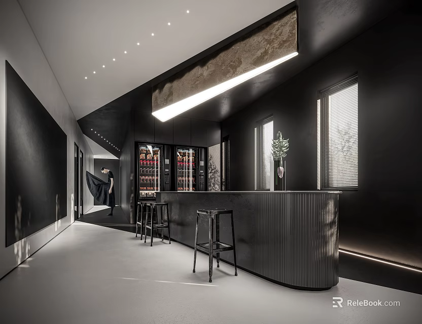 Modern Bar Area With High Stools Wine Cabinets And Ambient Lighting 3d model 