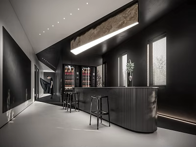 Modern Bar Area With High Stools Wine Cabinets And Ambient Lighting 3d model