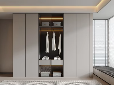 Modern White Wardrobe Interior Design With Open Shelves Drawers LED Lighting And Hanging Rods 3d model
