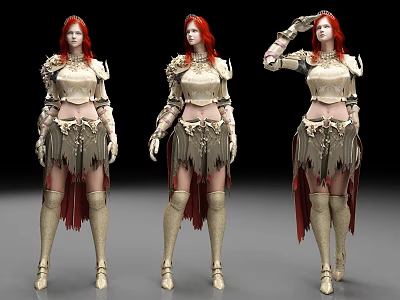 Woman with red hair wearing ornate armor fringed skirt and tall boots in different poses 3d model
