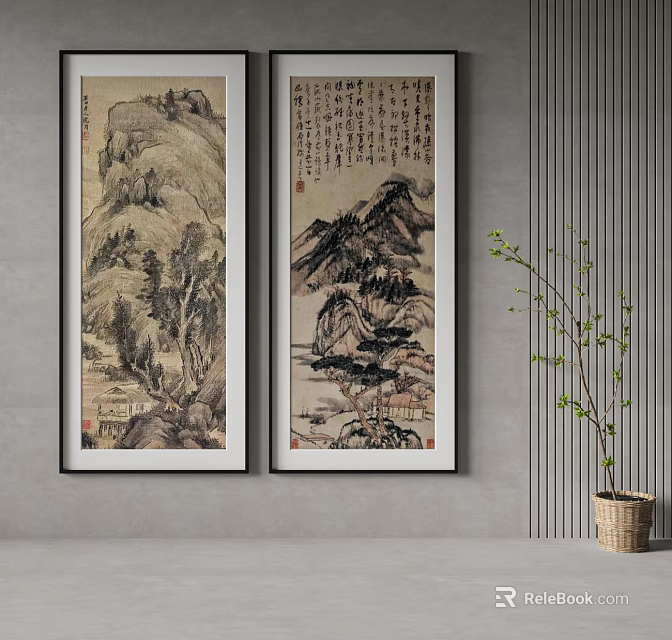 Chinese Landscape Paintings Enhance Modern Interior With Plant And Wall Decor 3d model 