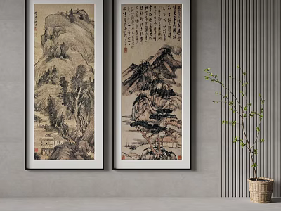 Chinese Landscape Paintings Enhance Modern Interior With Plant And Wall Decor 3d model