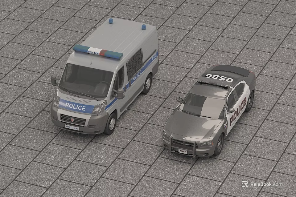 Gray Police Van And Sedan Cars With Emergency Lights And Markings 3d model 