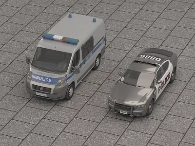 Gray Police Van And Sedan Cars With Emergency Lights And Markings 3d model