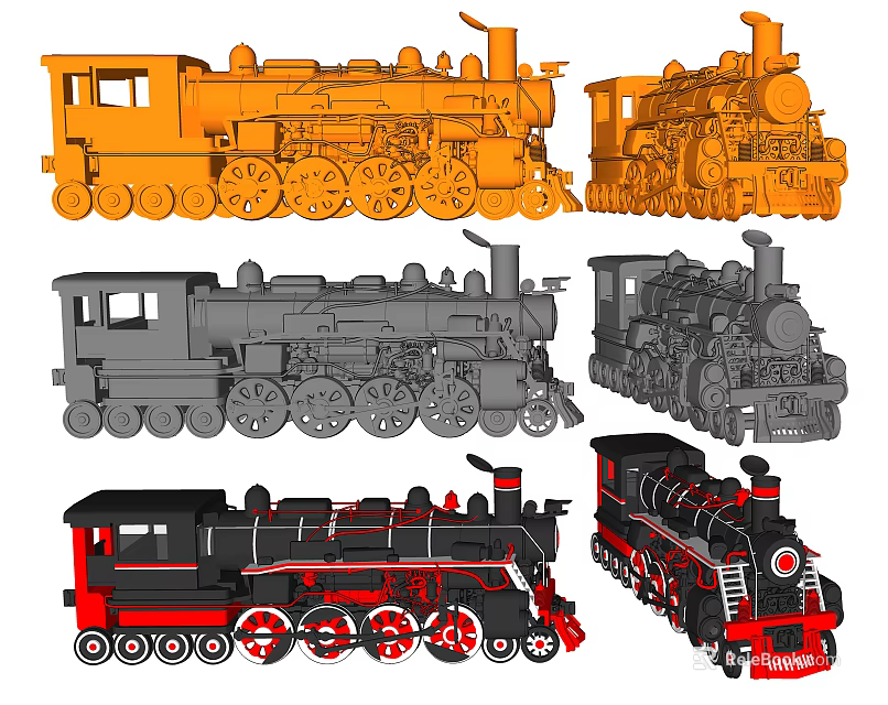 Vintage Steam Trains In Various Designs With Colorful Details And Retro Styles 3d model 