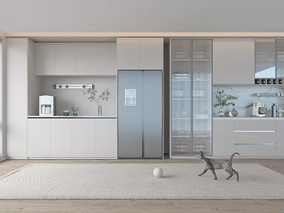 Modern Open Kitchen Space Showcasing Elegant Wine Cabinet And Glass Storage 3d model
