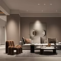 Modern Living Dining Room Interior With Brown Accent Chair TV Wall And Black Bookshelf