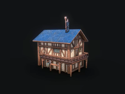 Charming Wooden Two Story House With Blue Roof Balcony And Chimney 3d model