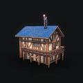 Charming Wooden Two Story House With Blue Roof Balcony And Chimney