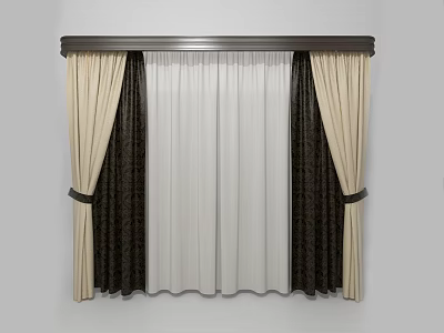 Elegant Beige Curtains With Dark Patterns White Sheer Panels And Valance Design 3d model