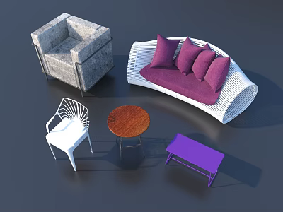 Gray Textured Lounge Chair In Modern Lounge Setting With Purple Cushions And Wooden Side Table 3d model