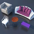 Gray Textured Lounge Chair In Modern Lounge Setting With Purple Cushions And Wooden Side Table