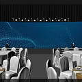 Elegant Banquet Hall With Stage Purple Lights Blue Background And Arranged Tables Chairs