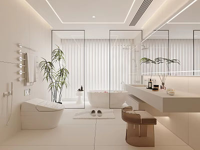 Modern White Bathroom Interior with Bathtub Shower Area Vanity Mirror and Bamboo Plant 3d model
