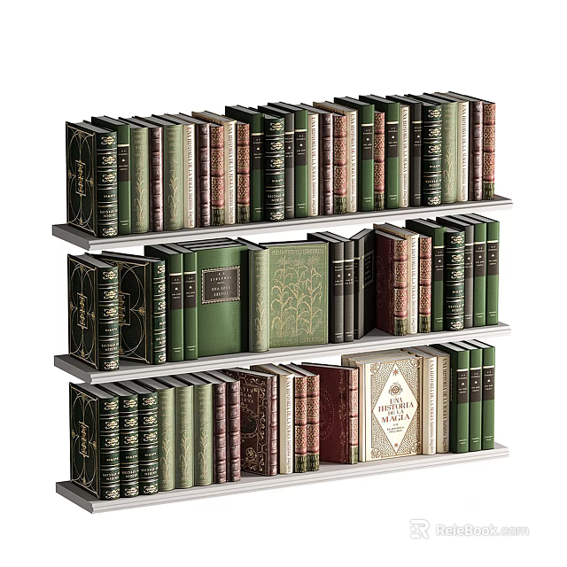 Hardcover Books Arranged On Three Tier Bookshelf With Various Colors Sizes And Classic Covers 3d model 