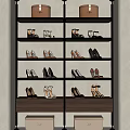 Various Style Shoes Displayed On Metal Shelf With High Heels Sandals And Wooden Drawers