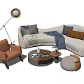 Elegant Curved Sofa and Coffee Table Set with Throw Pillows Blanket Armchair Floor Lamp Decor