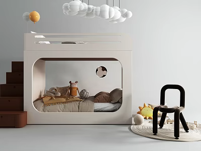 Modern Kids Room Bunk Bed With White Frame Stairs Stuffed Toys Cloud Pendant Lights And Black Chair 3d model